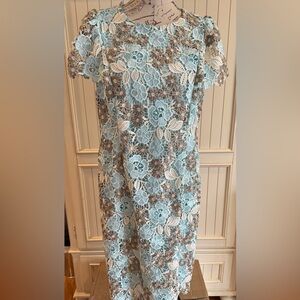 Calvin Klein Floral Lace Midi Dress in Blue and cream